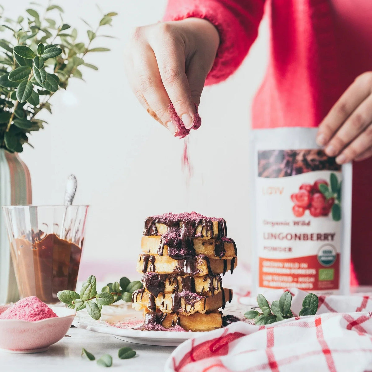 Buckwheat Waffles with Dark Chocolate and Lingonberry - Farmatuur