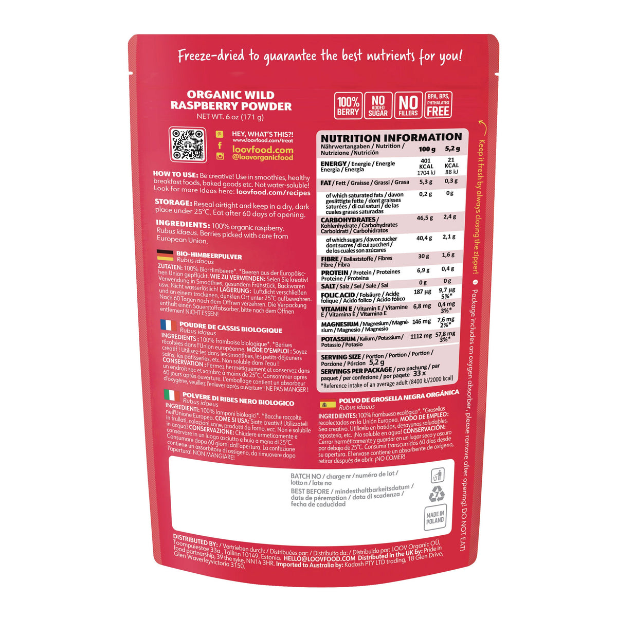 Poudre de baies bio - framboises lyophilisées - Farmatuur